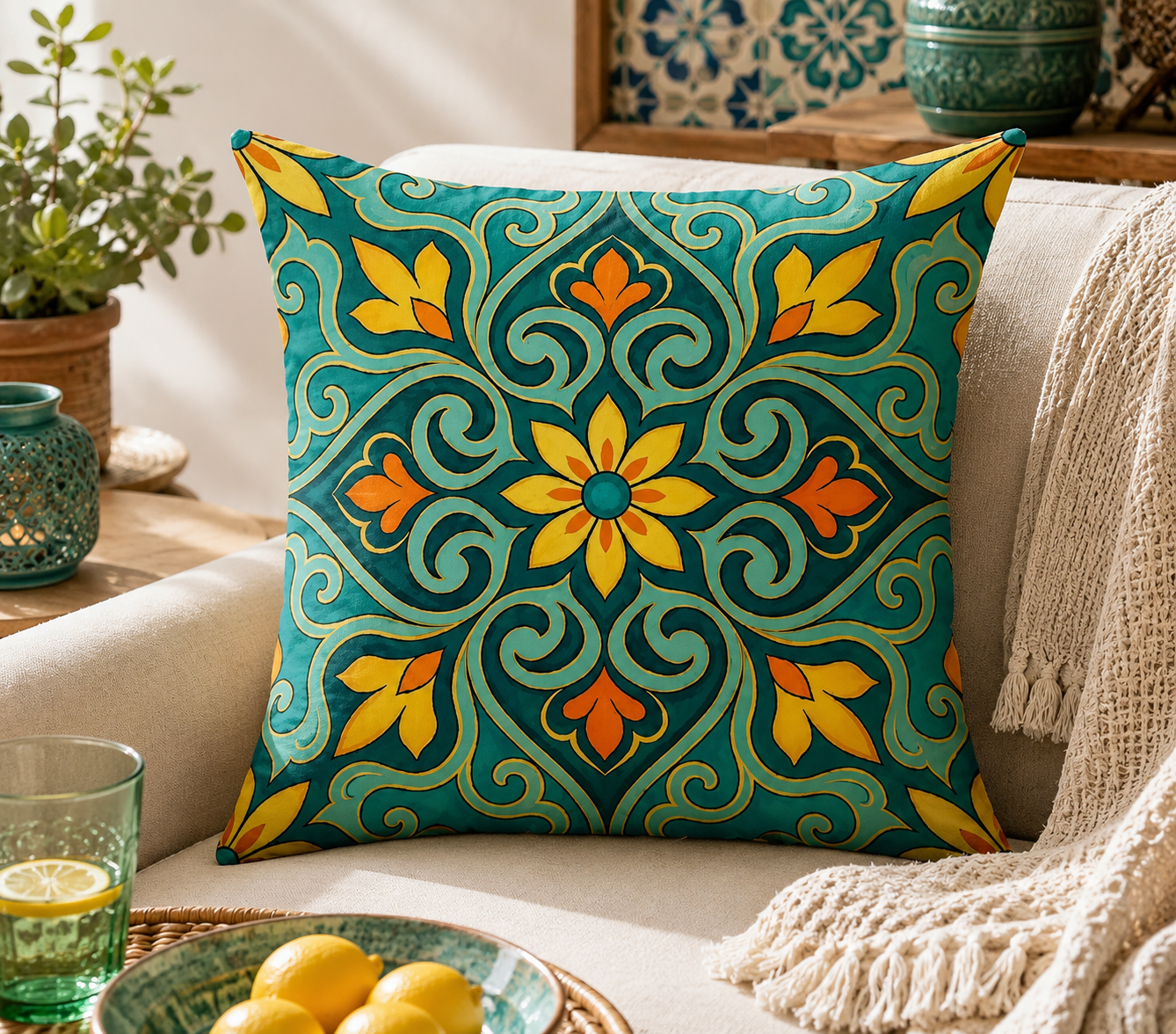 Mediterranean Teal & Yellow Floral Cushion – 45cm Pre-order