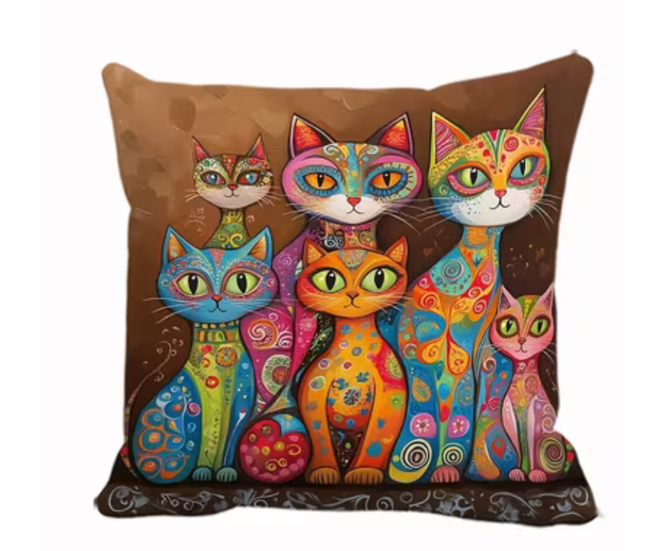 Colourful Folk Art Cat Cushion & Cushion Cover Whimsical Feline Home Décor