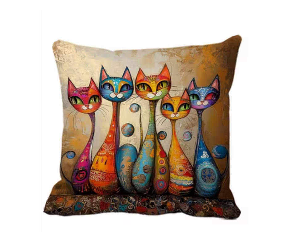 Colourful Folk Art Cat Cushion & Cushion Cover Whimsical Feline Home Décor
