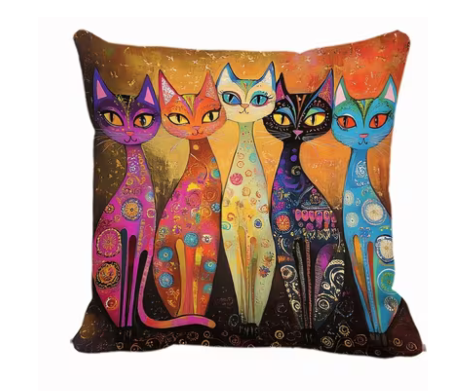 Colourful Folk Art Cat Cushion & Cushion Cover Whimsical Feline Home Décor