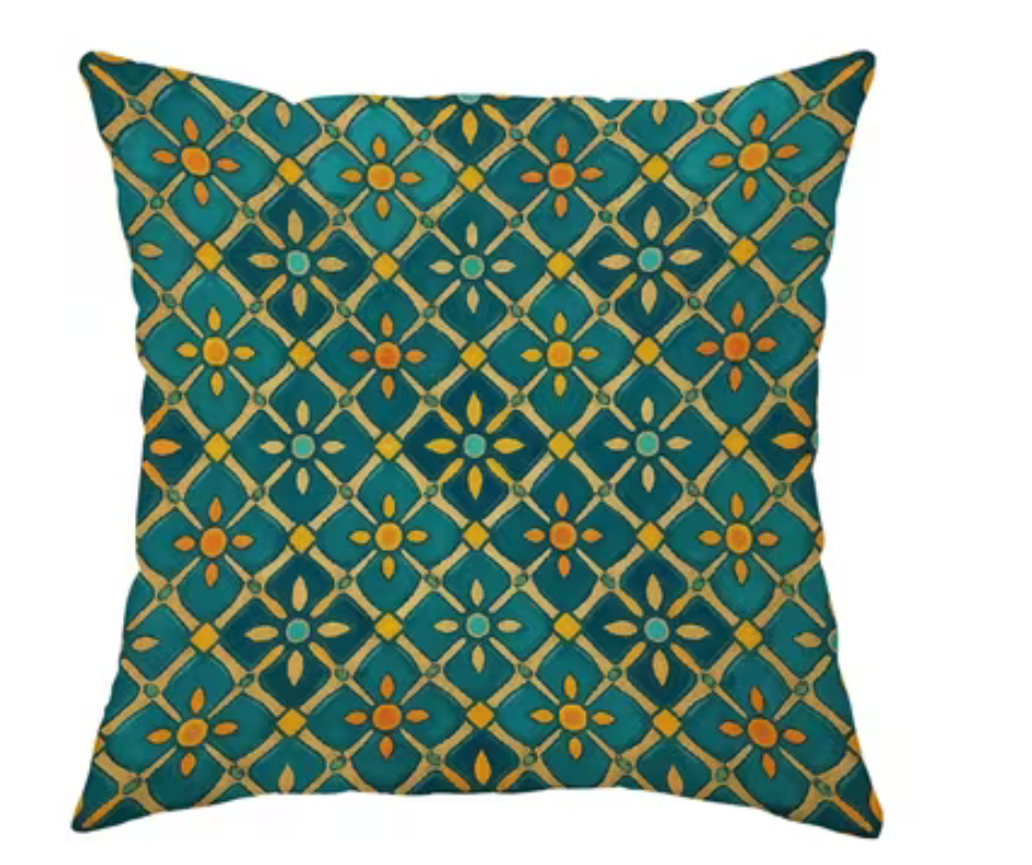 Mediterranean Teal Geometric Floral Cushion – 45cm Pre-order