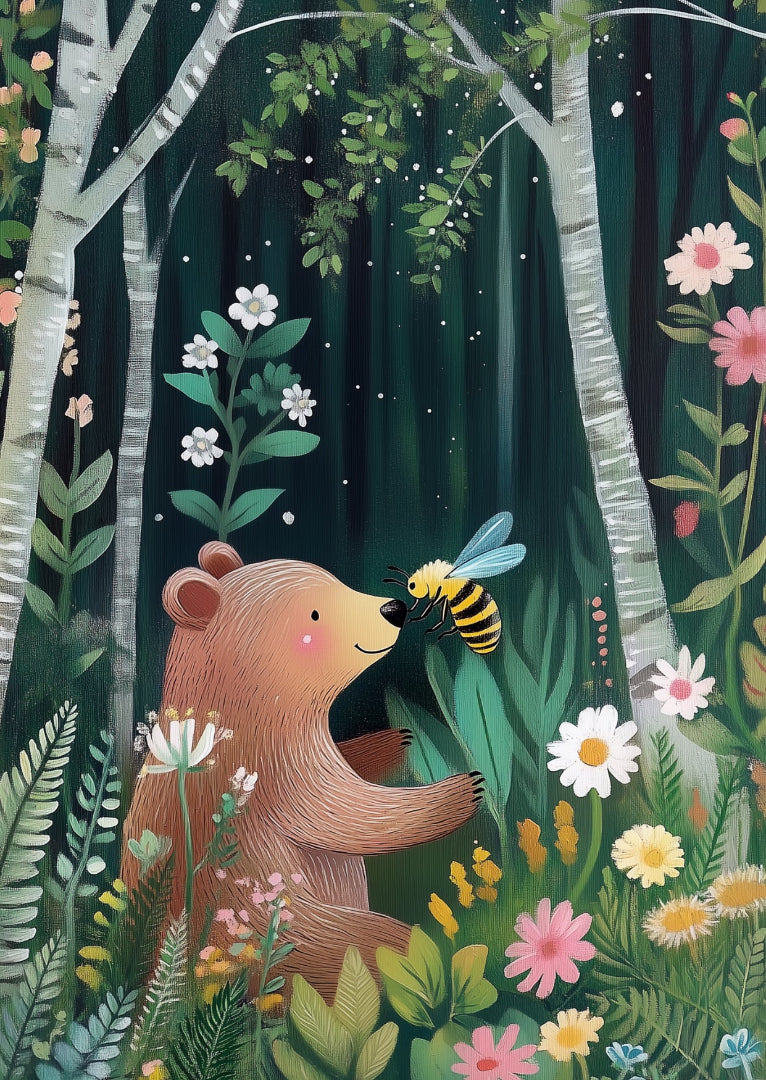 Dog Desk Bear & Bee In The Friendly Garden Deluxe Greeting Card