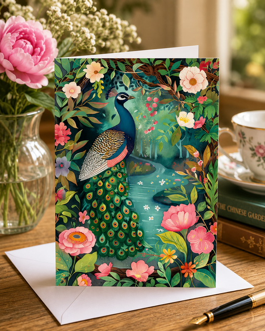 Dog Desk Peacock In The Chinese Garden Deluxe Greeting Card