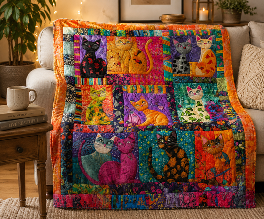 Colourful Cat Throw Blanket Whimsical Quilted Feline Design