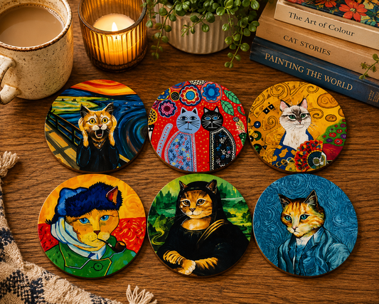 Famous Art Cats Coasters Set of 6  Playful Parodies of Iconic Masterpieces