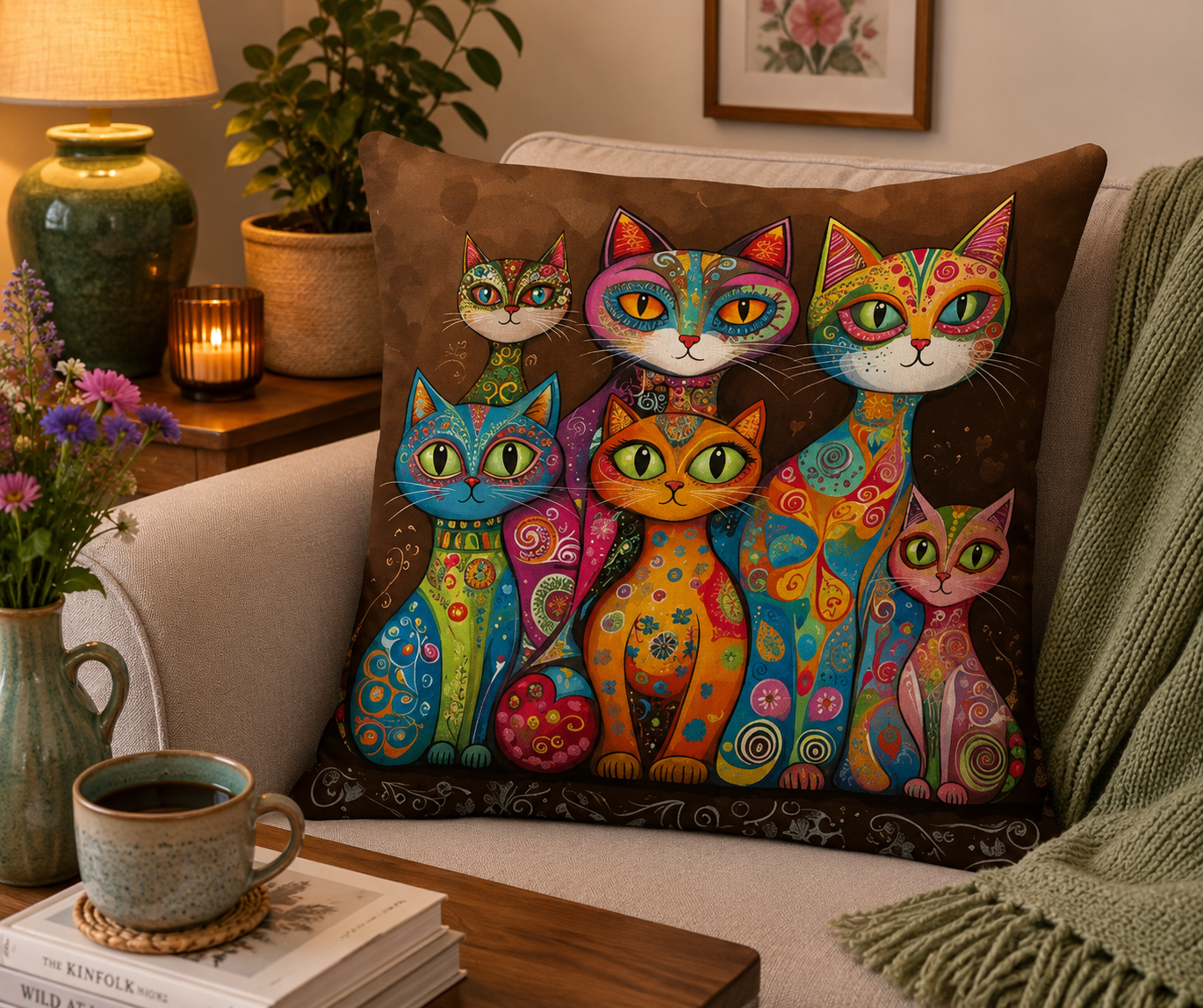 Colourful Folk Art Cat Cushion & Cushion Cover Whimsical Feline Home Décor
