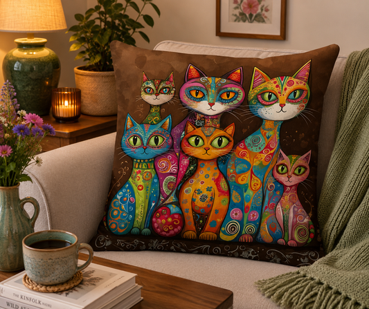 Colourful Folk Art Cat Cushion & Cushion Cover Whimsical Feline Home Décor