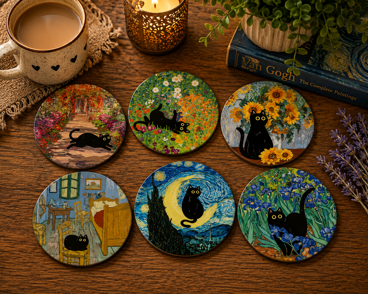Van Gogh-Inspired Black Cat Coasters  Set of 6 Artistic Feline Home Décor