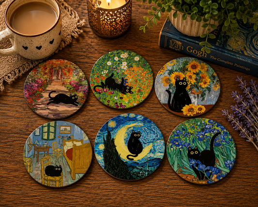 Van Gogh-Inspired Black Cat Coasters  Set of 6 Artistic Feline Home Décor