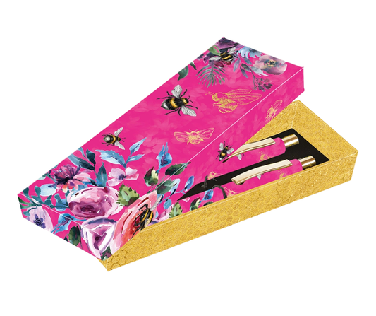 Queen Bee Gift Pen Set  Floral Bee Design in Gold Presentation Box