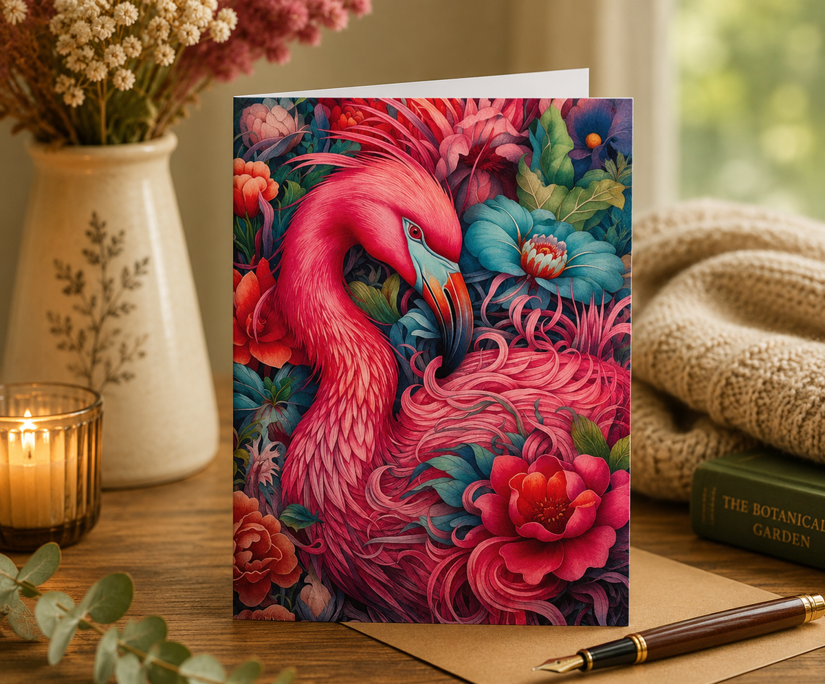 Dog Desk Tropical Birds Flamingo Deluxe Greeting Card