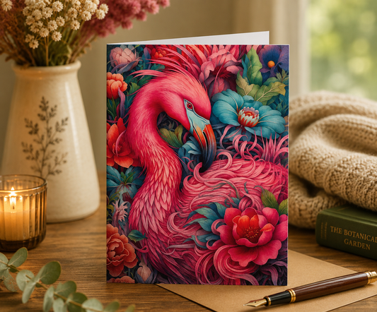 Dog Desk Tropical Birds Flamingo Deluxe Greeting Card