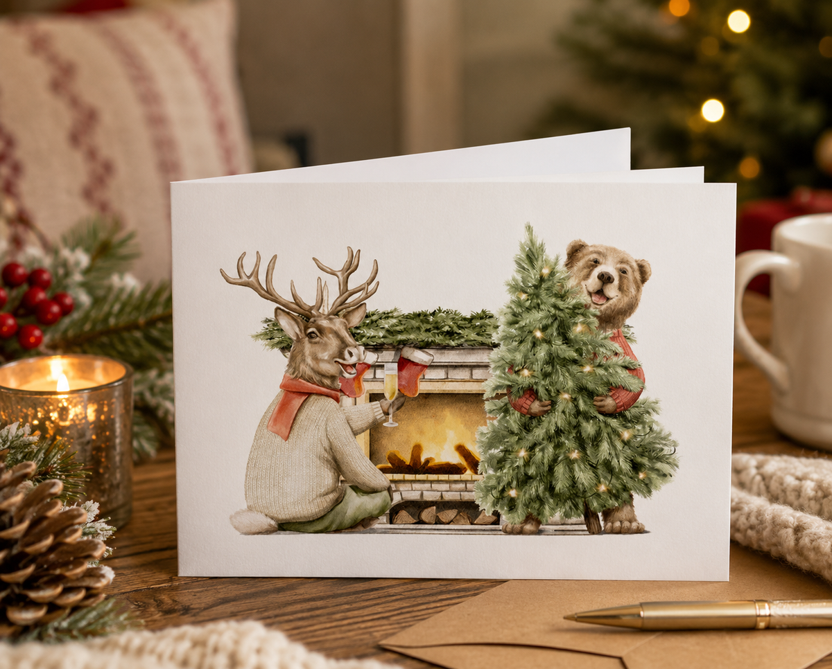 Dog Desk Bringing In The Tree Deluxe Christmas Card