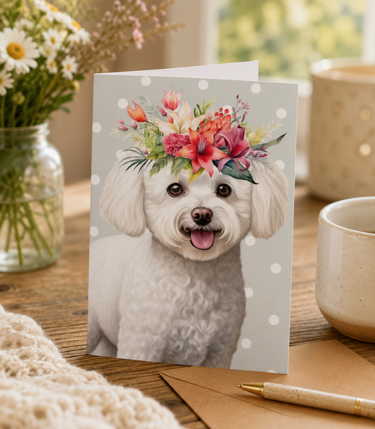 Dog Desk Floral Dogs Bichon Frise Deluxe Greeting Card