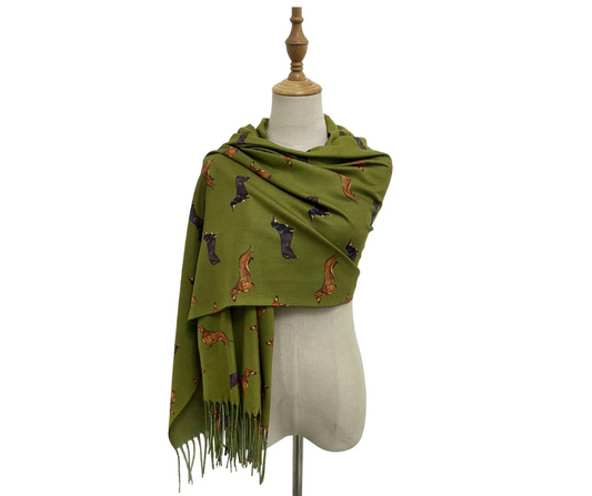 Green Dachshund Sausage Dog Print Tassel Scarf
