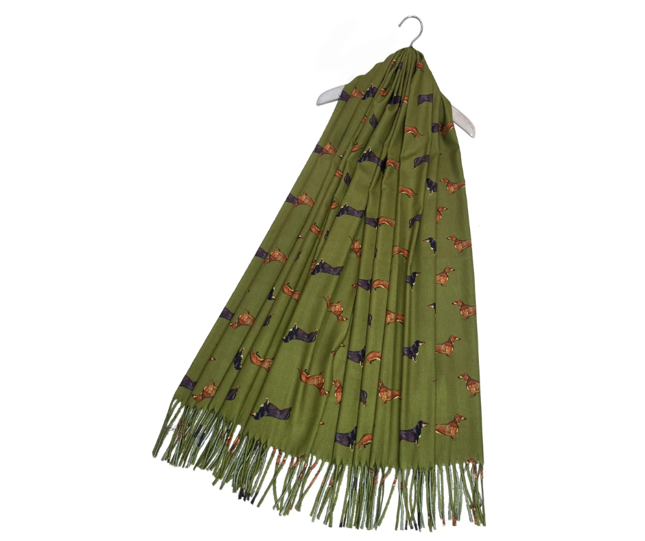 Green Dachshund Sausage Dog Print Tassel Scarf
