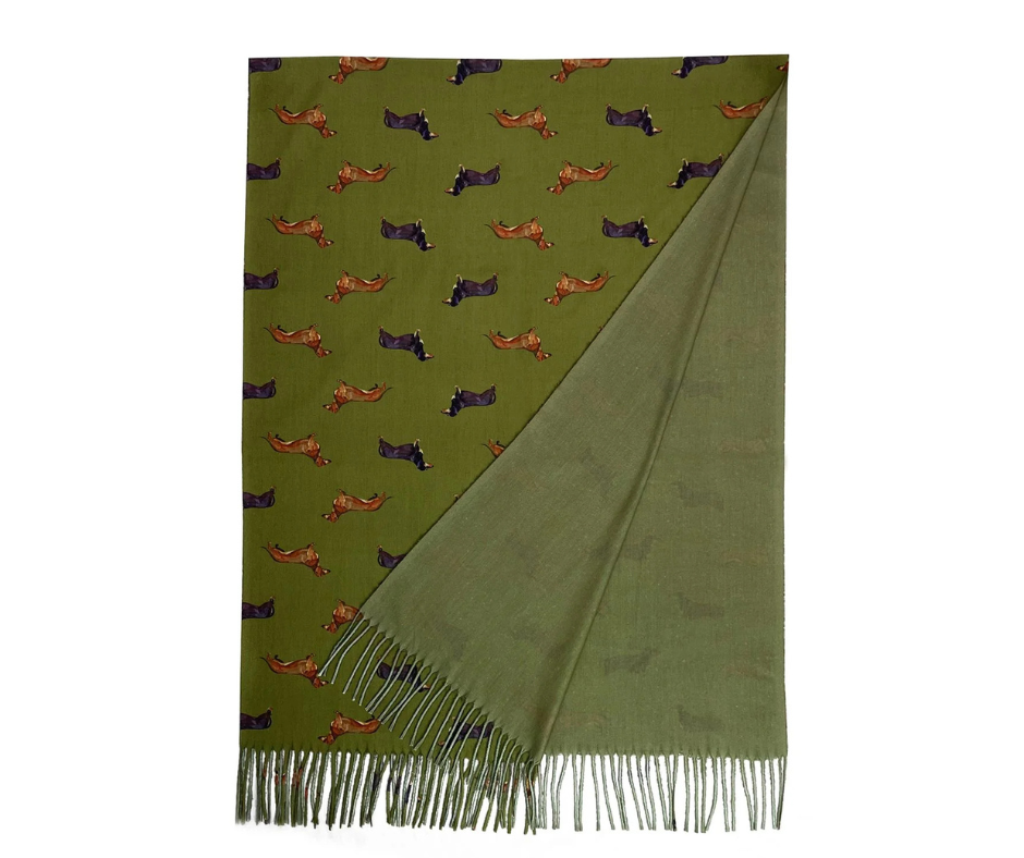 Green Dachshund Sausage Dog Print Tassel Scarf
