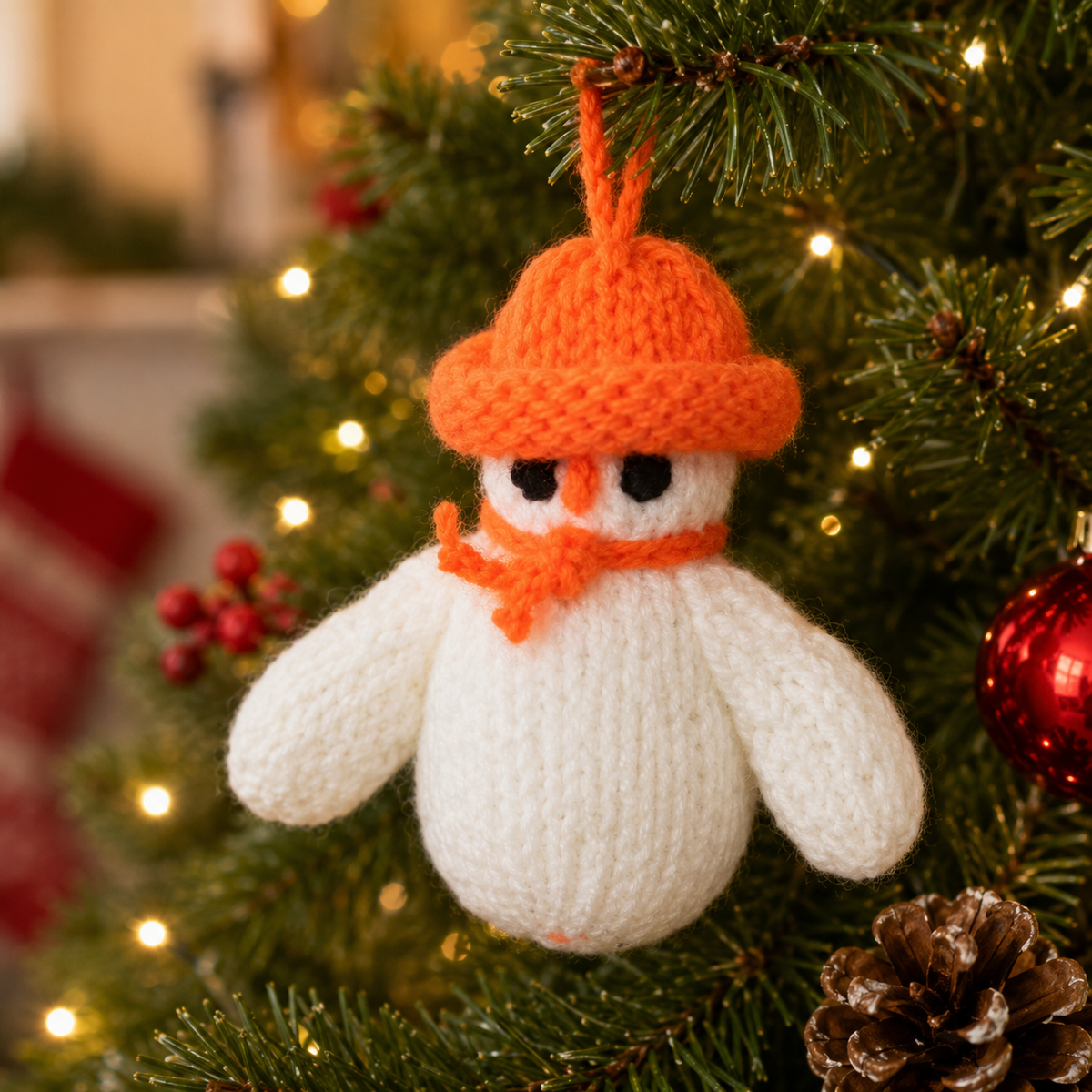 Hand Knitted Snowman With Orange Hat Christmas Tree Decoration
