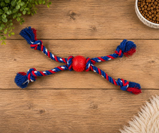 Quad Tug Ball Rope Dog Toy Blue