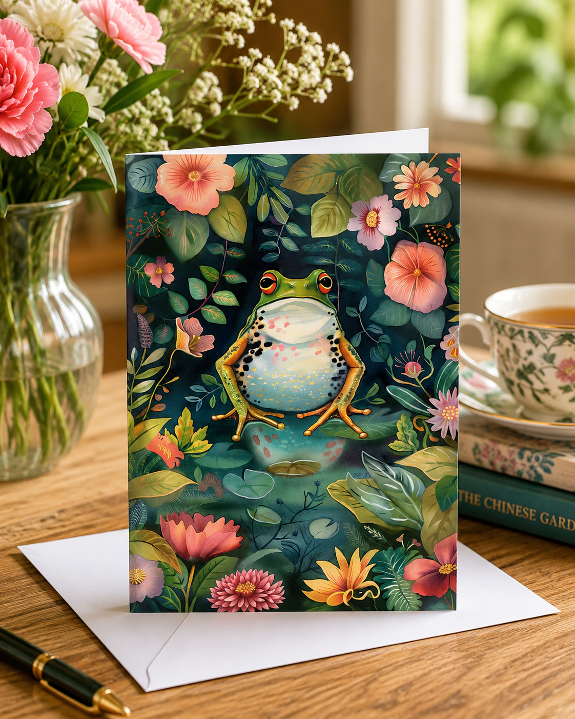 Dog Desk Frog In The Chinese  Garden Deluxe Greeting Card