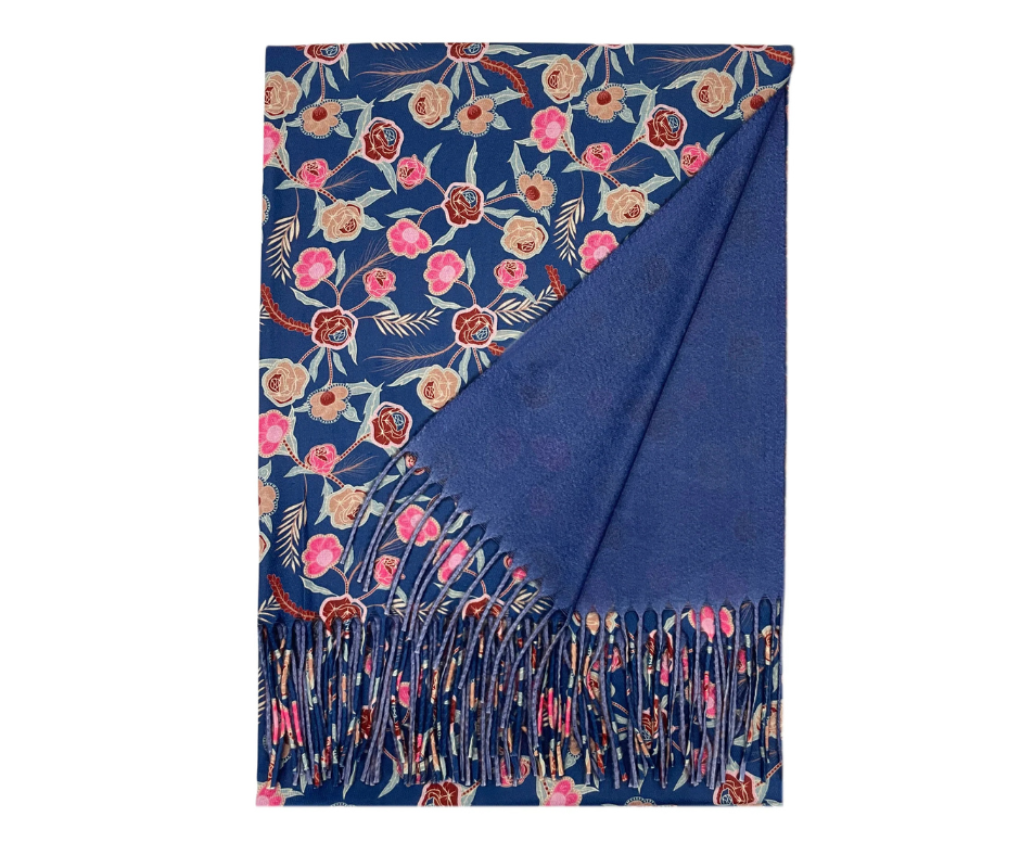 Rose & Mixed Floral Wool Tassel Scarf