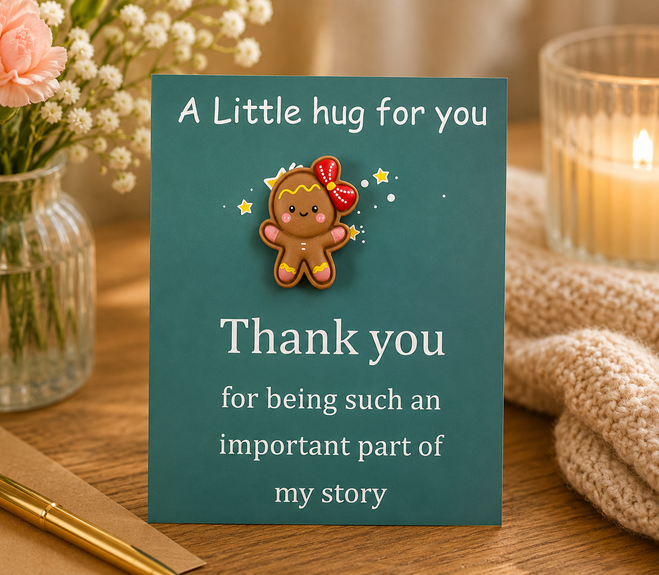 A Little Hug for You – Thank You Card with Cute Gingerbread Charm