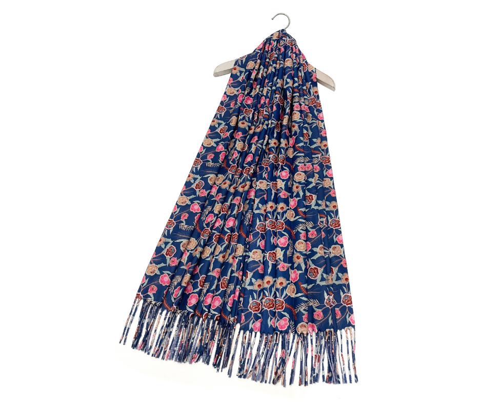 Rose & Mixed Floral Wool Tassel Scarf