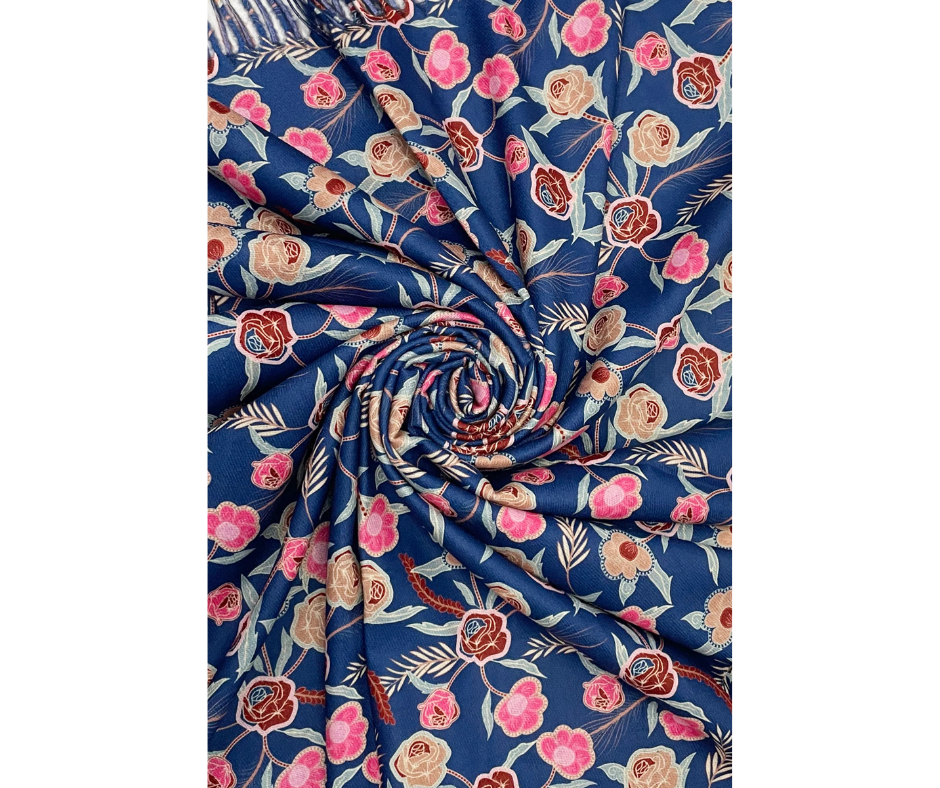 Rose & Mixed Floral Wool Tassel Scarf