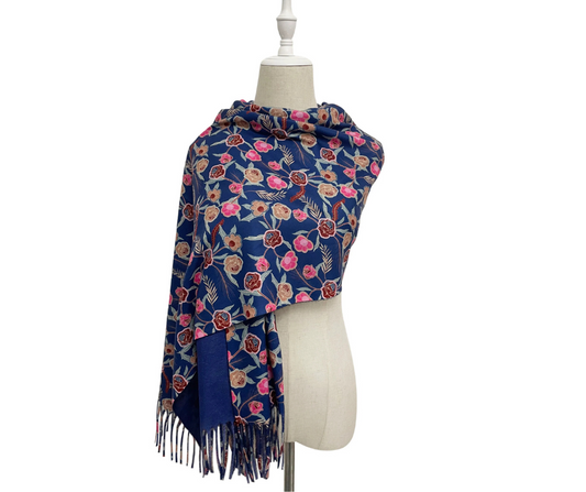 Rose & Mixed Floral Wool Tassel Scarf
