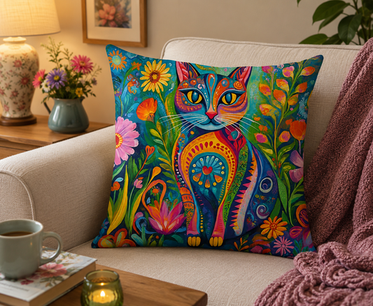 Colourful Floral Cat Cushion & Cushion Cover Vibrant Folk Art Feline Design