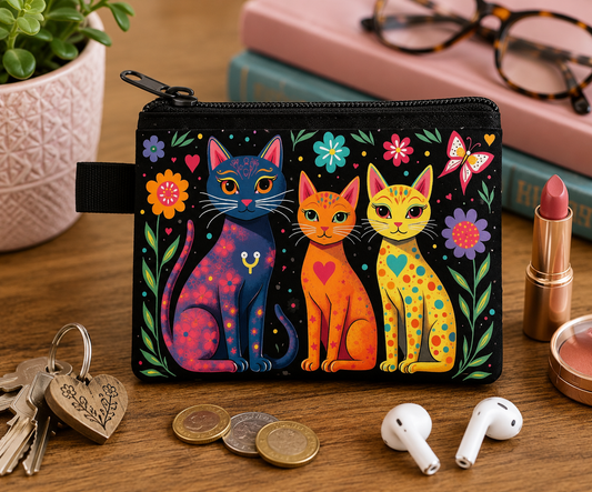 Colourful Cat Zip Pouch  Small Coin & Accessory Bag with Folk Art Feline Design