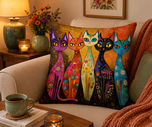 Colourful Folk Art Cat Cushion & Cushion Cover Whimsical Feline Home Décor
