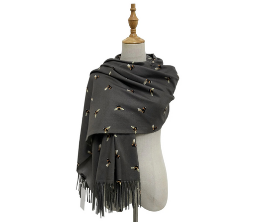 Bumble Bee Print Tassel Scarf Grey