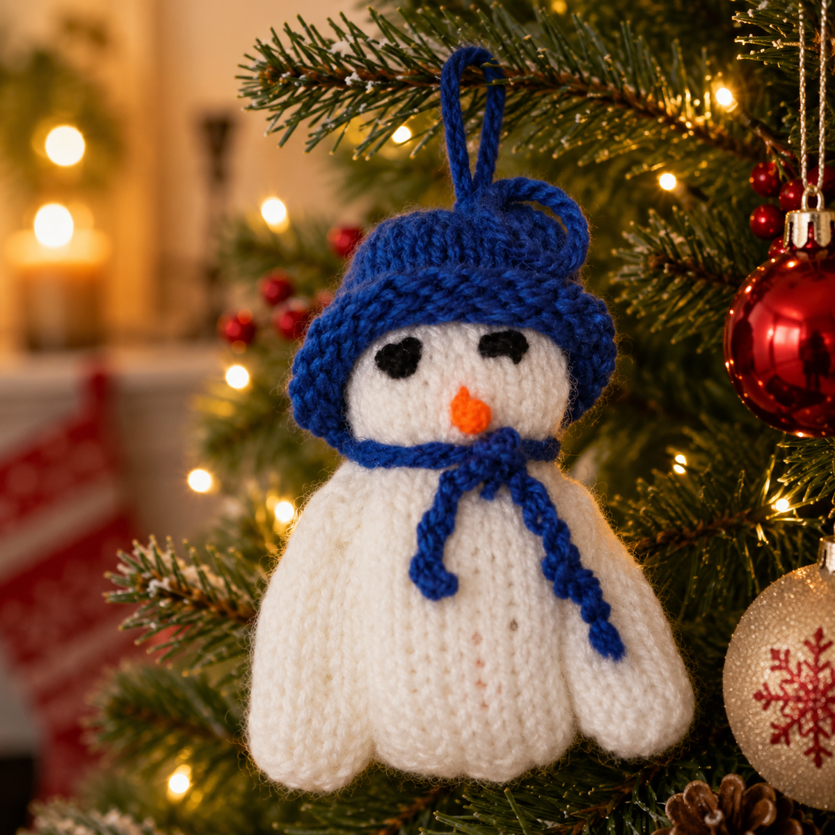 Hand Knitted Snowman With Blue Hat Christmas Tree Decoration