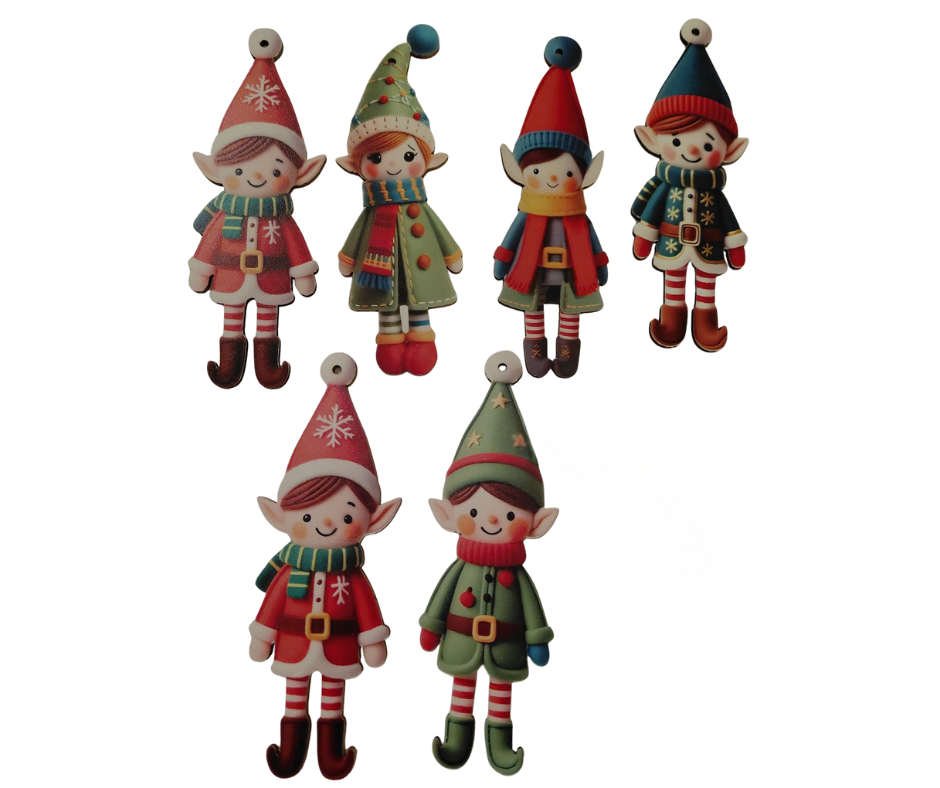Wooden Christmas Elf Tree Ornaments – Set of 6 Festive Hanging Decorations