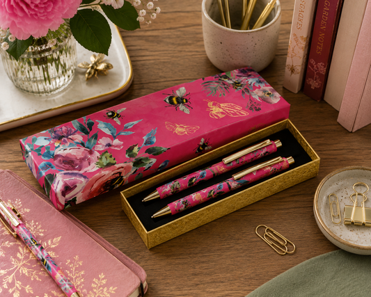 Queen Bee Gift Pen Set  Floral Bee Design in Gold Presentation Box