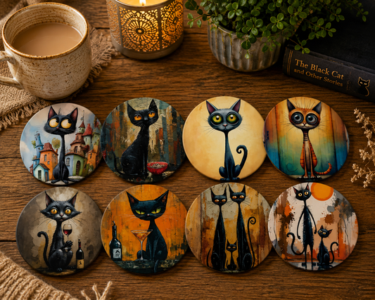 Modern Black Cat Art Coasters – Set of 8  Stylish Whimsical Feline Illustrations