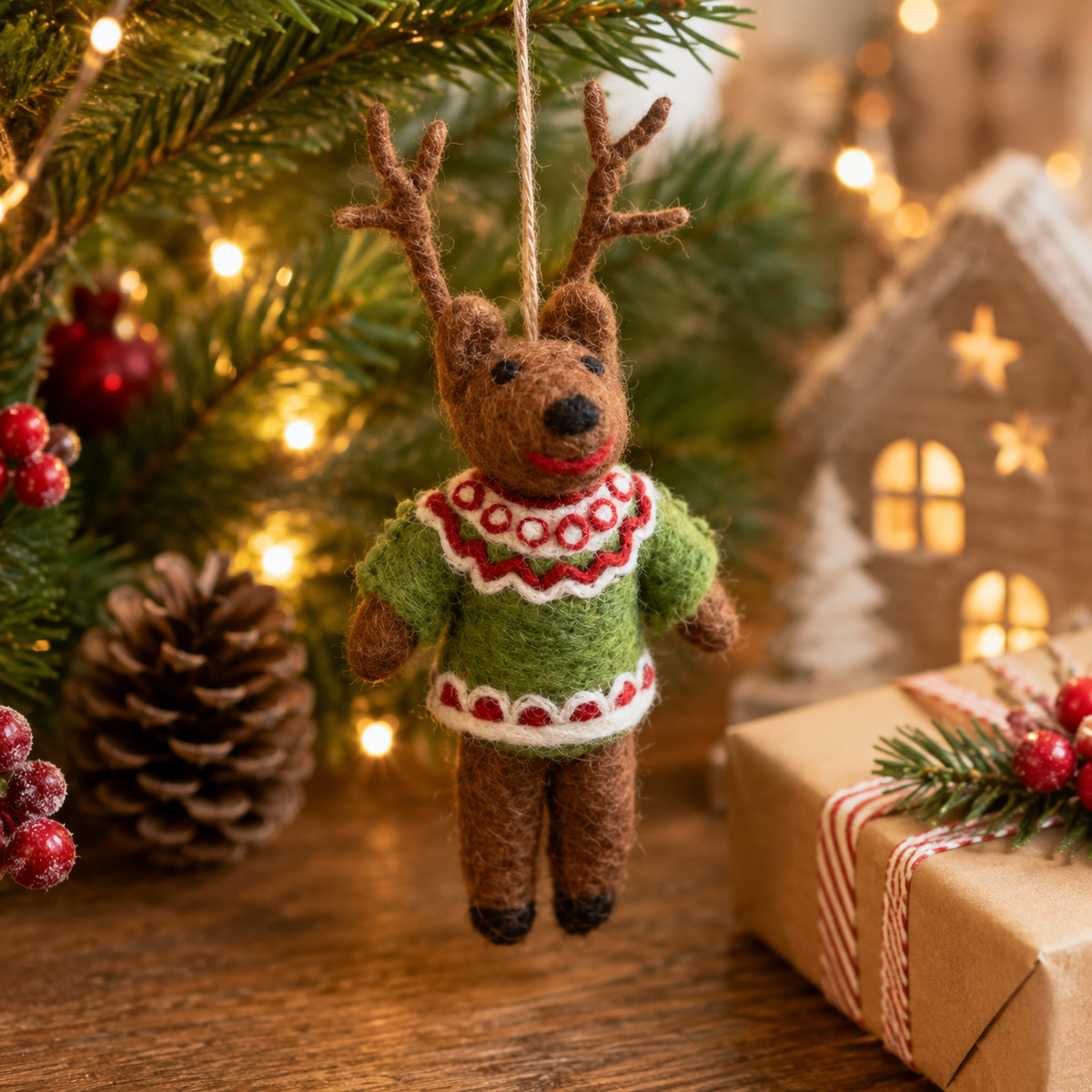 Fair Trade Handmade Felt Retro Reindeer Hanging Christmas Decoration