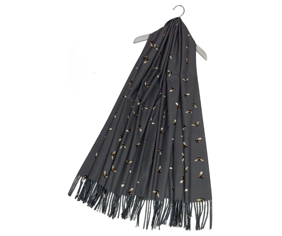 Bumble Bee Print Tassel Scarf Grey