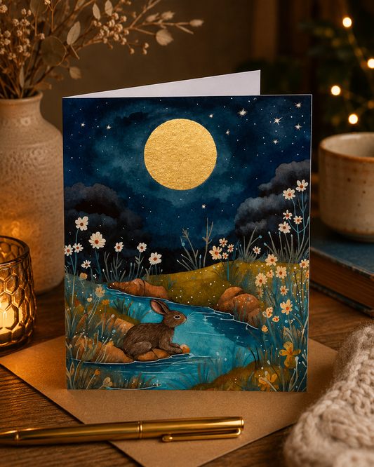 Dog Desk Night-time Animals Rabbit Deluxe Greeting Card