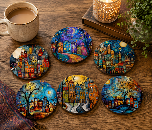 Whimsical City Night Coasters – Set of 6 Colourful Storybook Townscapes