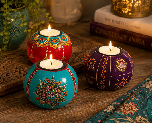Hand Painted Wooden Round Tealight Holder