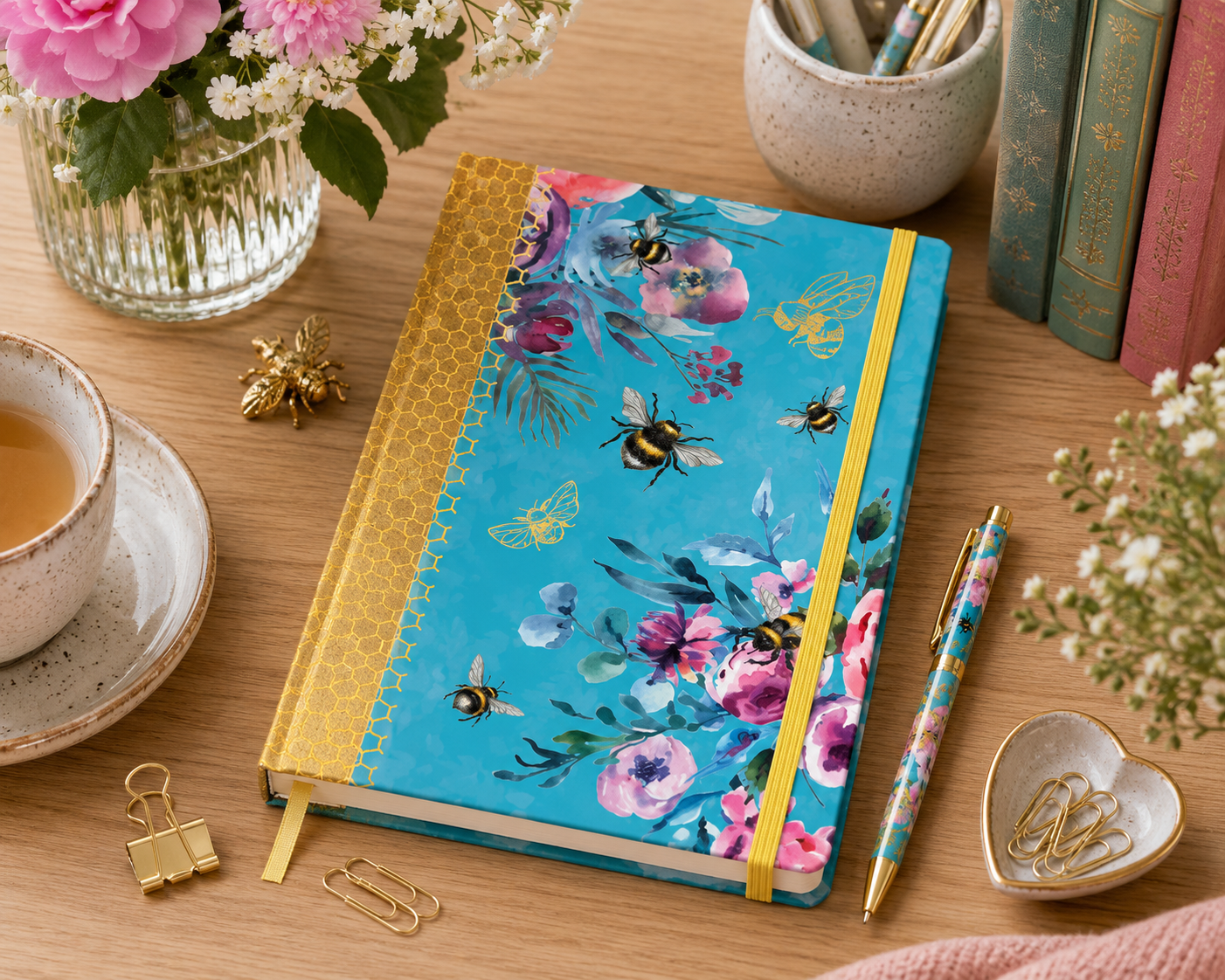 A5 Notebook – Queen Bee  Floral Bee Design with Gold Detail & Elastic Closure