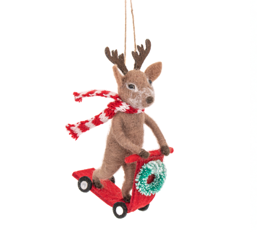 Reindeer on a Scooter Felt Decoration