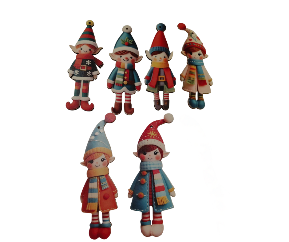 Wooden Christmas Elf Tree Ornaments – Set of 6 Colourful Festive Hanging Decorations