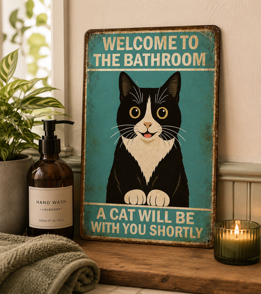 Welcome to the Bathroom Cat Metal Sign Funny Vintage-Style Wall Plaque