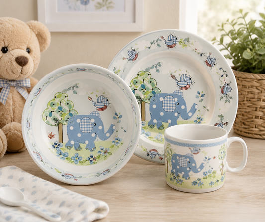 Bird & Ellie Blue Baby Toddler Feeding Set Christening Gift Plate Bowl Cup Boxed