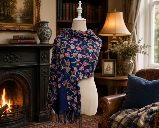 Rose & Mixed Floral Wool Tassel Scarf