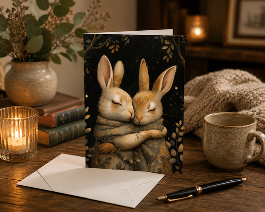 Dog Desk Under Rabbits Cuddling Deluxe Greeting Card