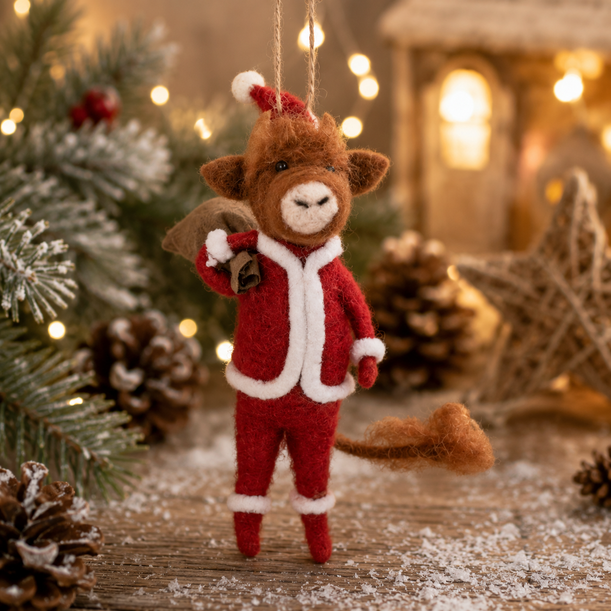 Highland Cow Santa with Sack Felt Decoration